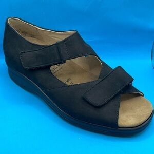Fits By Theresia M Nubuck Leather Wedge Sandals Genua Two Strap 5  Women’s black